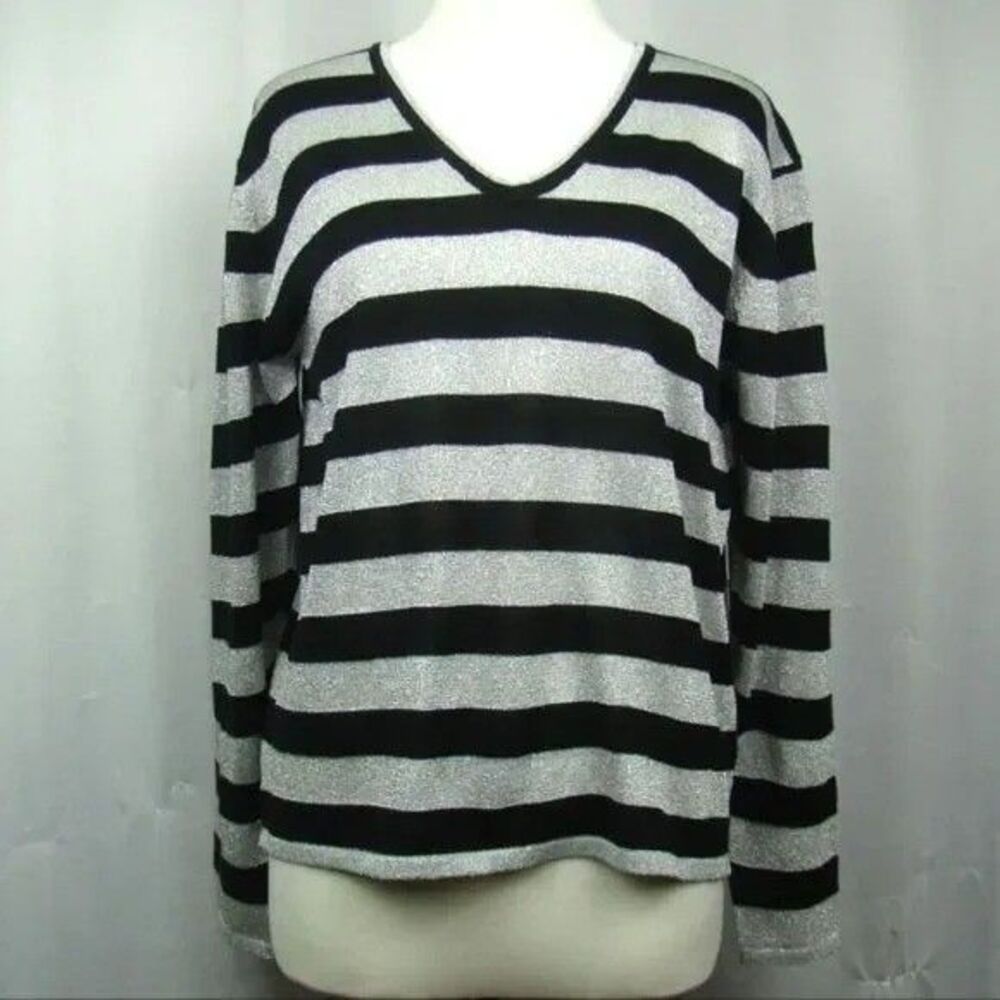 Western Connection Women's M Black Silver Stripe V-Neck Long Sleeve Knit Sweater